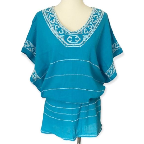 Ellos Gauzy Embroidered Top Pullover Crinkled Top Beach Peplum Waist Aqua 18 20 - Picture 1 of 14